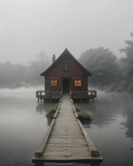 a wooden bridge that leads to a small island in the river. On the island stands a old house in slavic style, a couple of trees next to it, a half-submerged boat near the bridge. Fog rises around, a white haze around, like a veil separating from another world, style by Lovecraft, meticulous, intricate, entangled, intricately detailed, Dark, Volumetric cinematic lighting<lora:epi_noiseoffset2:0.25>, mist, foggy, <lora:foggy_v1.0:0.4>,