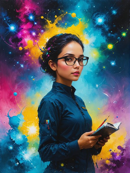 [Galactic librarian archiving knowledge across galaxies:Galactic trader with knowledge of markets:0.5], ultra-fine digital painting, <lora:xl_more_art-full_v1:0.3>,  <lora:Desolation:0.6> <lora:gorgoeus_splash_of_vibrant_paint:0.7> Gorgeous splash of vibrant paint