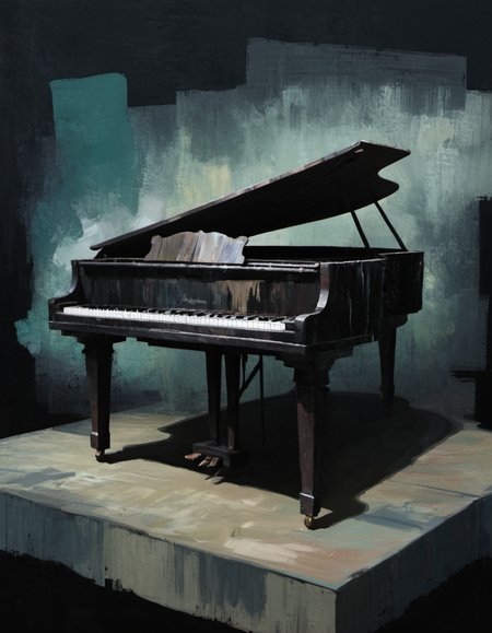 surreal painting of a piano, dark theme, abstract painting background,  <lora:DiscoDeliriumXL-v1.2:1>