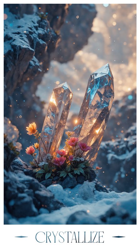 masterpiece, 4k, 8k, sharp,, A digital painting of a frozen landscape dominated by towering crystals floating effortlessly in the air, their surfaces refracting light in shimmering hues of blue and white. Delicate vegetation and vibrant flowers grow from the crystals, their petals dripping with a mysterious luminous liquid. The terrain is rugged, with sharp reliefs and cliffs that add drama to the scene. The atmosphere is cold yet magical, with faint mist and sparkling particles floating through the air. The lighting is soft but radiant, casting long, ethereal shadows across the landscape, giving the environment a mystical, otherworldly quality., , aidmaMJ6.1, dreamwave, aidmaimageupgrader, splash of water, A highly detailed and vibrant digital painting in the style of ck-ib, vibrant color palette, highly detailed digital painting, 3D Render Style, Image in the style of MNTRWRLDS <lora:aidmaImageUprader-FLUX-v0.3:0.2> <lora:Flux.1_Turbo_Detailer:0.3> <lora:MysticFantasy:0.6> <lora:[Flux1]_Illustration_Style_IV:0.3> <lora:[Flux1]_ck-Ivan-Beslic-Art-Style-000019:0.3> <lora:[Flux1]_KicezArtNiji_V1:-0.6> <lora:[Flux1]__Detail_Enhancer__3D_Blender_Style-000001:0.3> <lora:[Flux1]_Ethereal_Brush_Anime_v1.0:0.1>