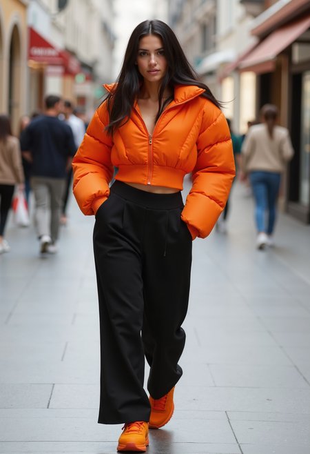clo017, full body shot of a beautiful woman, lang black hair, wearing a cropped orange puffer jacket with a high collar and ribbed waist panels, ribbed waistband, long black trousers, orange sneakers, walking on a shopping street