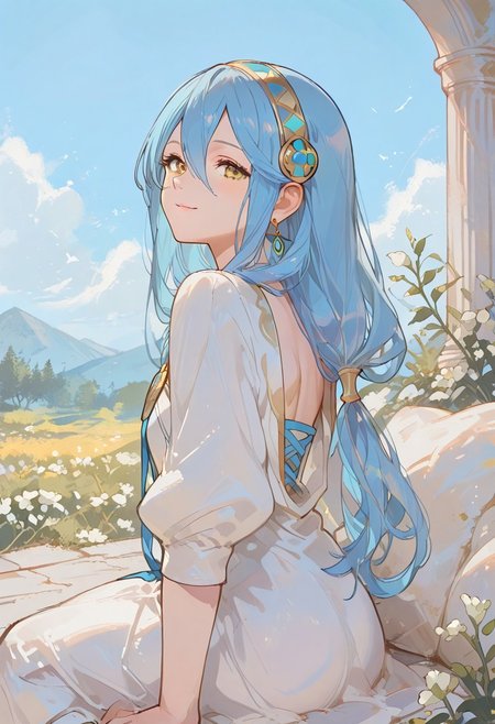 score_9, score_8_up, score_7_up, score_6_up, masterpiece, best quality, ultra-detailed, high resolution, 8k, sharp focus, beautiful, perfect lighting, smooth edges, highly visible, super detailed skin, 1 girl, azura fire emblem, pastel blue hair, front, earrings, looking at viewer, pastel yellow eyes, high quality, white greek style dress, 748cmstyle, gbf_style, usnr, anime,  Expressiveh, fully clothed, up close, ancient greek style, long hair, half sleeves, day time, smile, 1 man, male corrin fire emblem, man laying on stomach, sitting down next to man, massaging man's back, side view, blue sky,