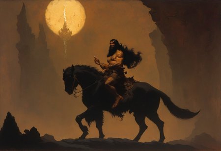 Frank Frazetta fantasy dark fantasy oil painting of  AhuramazdaV1, he has light brown skin and flowing straight black hair.