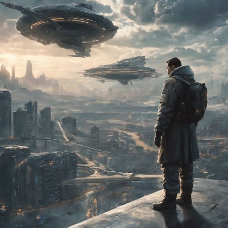 Large cybercity with glorious natural light with deep color from the mid day sun. A solo male standding in baggy clothes stands in the center of the city with a laptop folded closed in their right hand. A motorcybeside the male. Cloudy sky,  hd definition, 4k. A military futuristic air vehicle is landing in the city. View from inside the large cyber city. Futuristic city.