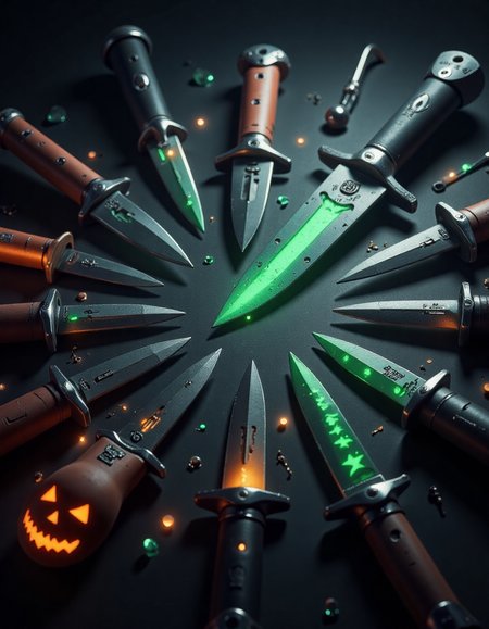 4k photo of a sifi halloween knives arranged in a circle, cinematic lighting, highly detailed, sharp focus, professional photoshoot, 8k, DOF, in the style of hall0w33n