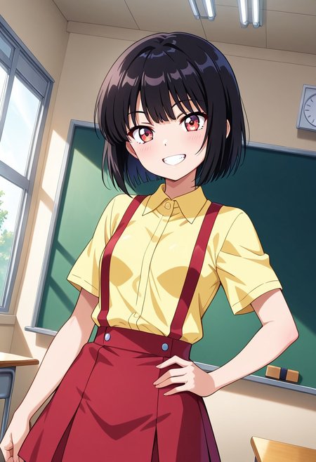 general,highres, ultra-detailed,very aesthetic,best quality ,best hands,best eyes,easynegative,
dynamic anglre, dutch angle, anime cloring,
1girl solo,looking at viewer,smile,school, indoors,hand on hip,teeth, 
Toire no Hanako-san no Sakurako-san,black_hair, short_hair, small breasts, short body,yellow shirt,suspenders, red skirt,
