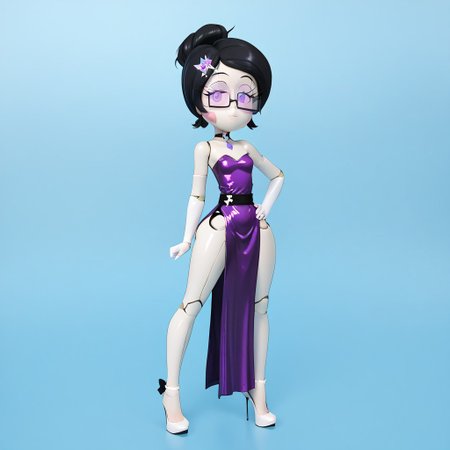 Score_9_up, score_8_up, score_7_up, score_6_up, hd, (ultra hd quality details), 1girl, solo, source_cartoon, Natalia, black hair, purple eyes, glasses, hair bun, strapless dress, purple dress, choker, gem, pelvic curtain, elbow gloves, white high heels, shiny skin, looking at viewer, eyelashes, half-closed eyes, head tilt, standing, full body, spread legs, hand on own hip, showing off, skindentation, huge ass, white skin, joints, robot, <lora:_linkartoon_style-elesico-ponyv1-15:1>