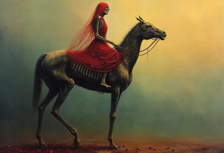 surreal photography, dreamlike imagery, subconscious exploration, bending reality, imaginative narratives, juxtaposing elements, evoking wonder and awe, transcending boundaries, challenging perceptions, fantastical landscapes, otherworldly atmospheres, <lora:Flux\Styles\Beksinski 2\Beksinski.safetensors:0.6:0.6>, a broken hearted bride riding a skeleton horse