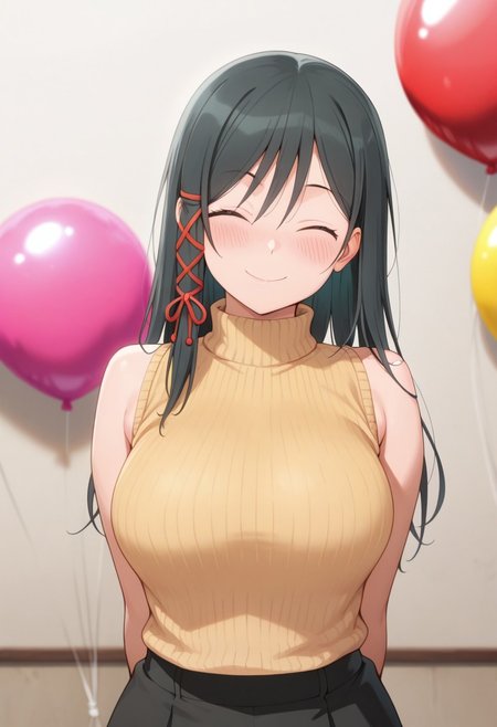 masterpiece,best quality,amazing quality, amagami yae, long hair, black hair,  1girl, closed eyes, solo, smile, sleeveless, balloon, sweater, blush, arms behind back, yellow sweater, ribbon, hair ribbon, turtleneck