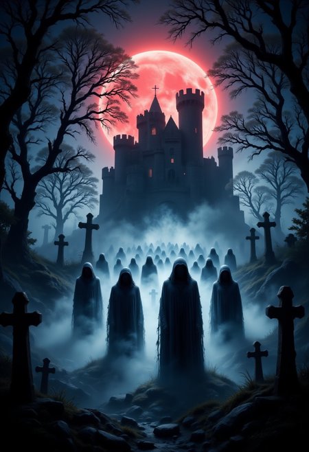 A skeletal army rising from a foggy graveyard, marching toward an ancient, haunted castle under a blood-red moon.
  , aidmaHalloweenBoost, aidmafluxpro1.1, aidmaimageupgrader, aidmaHyperrealism