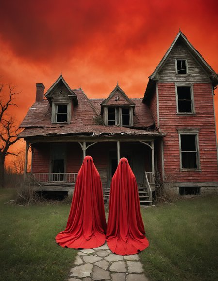 by (Alfred Stieglitz:1.2) and (Andy Kehoe:1.1), hyper realistic medium full shot photo of  a (ghostly apparition haunting a abandoned house:1.1),  (red , cute , masterful:1.4), poster art, bold lines, hyper detailed, expressive,  award winning,  dark limited color palette, high contrast, depth of field, (intricate details, masterpiece, best quality:1.4),
dramatic lighting, looking at viewer, dynamic pose, wide angle panoramic view,
<lora:add-detail-xl:0.8> <lora:xl_more_art-full_v1:0.5> <lora:looking_at_viewer:2>