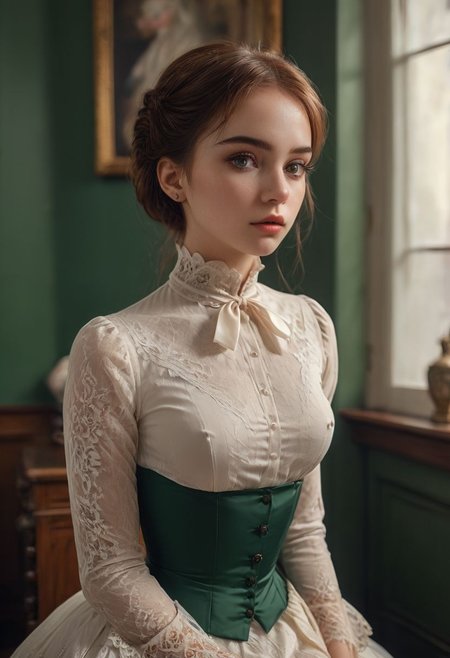Ultrarealistic photo a busty college student woman sitting in a Victorian apartment, green and white Victorian dress with deep cleavage, white lace cuffs and choker, chiaroscuro, high dynamic range, vivid, highly detailed, extremely detailed background, skin texture, finely detailed hair, clear shadows and highlights, realistic, intense, enhanced contrast epic, gorgeous, heavy dark makeup, black eyeliner, running mascara, slutty, ((covered nipples)), thigh gap, (perky breasts, large areolas, big nipples, hard nipples, erect nipples), braless, erect nipples, dark nipples, Fixhand, UHD, perfect anatomy, (natural detailed skin texture:1.3), (realistic skin, freckles:0.75, moles:0.5), ( extremely detailed face, beautiful eyes, detailed eyes, symmetric eyes, open eyes, seductive eyes, slim face:1.2), eye catching, sharp, extremely detailed, subsurface scattering, remarkable color, ultra realistic, textured skin, realistic dull skin noise, visible skin detail, skin fuzz, dry skin, bokeh, sharp focus on subject, conysv3-1400