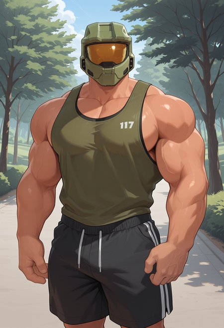 solo, masterchief, helmet, assault visor, bara, male focus, tank top, (oversized clothing:1.4), shorts, muscular, big pecs, outside, park, tree,
perfect anatomy, masterpiece, perfect quality, best quality, detailed, newest, very aesthetic 
<lora:Illustrious\MasterChief_Halo_V1_ILXL:0.8>
<lora:Illustrious\Styles\Artist Style\null-ghost_2_IL_r2:0.6>