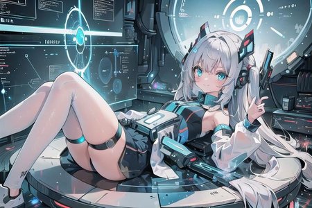 (masterpiece), (science fiction:1.4), 1girl,  lying on the back on a mirror, lying on the back on a mirror, smile, silver hair, aqua eyes, headgear, long sleeves, detached sleeves, glowing energy clothing, light particles, energy particles, perfect hands, perfect legs