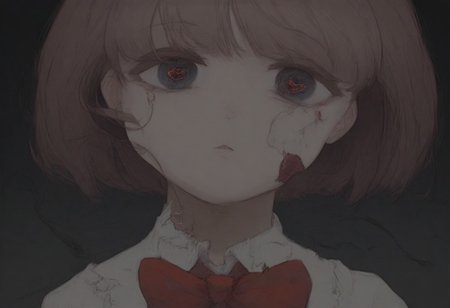 black background, night, broken hearts, 1girl, closeup, black, dull eyes, looking at the viewer, bright red bow on the neck, easynegative, detailed, beautiful, dark.