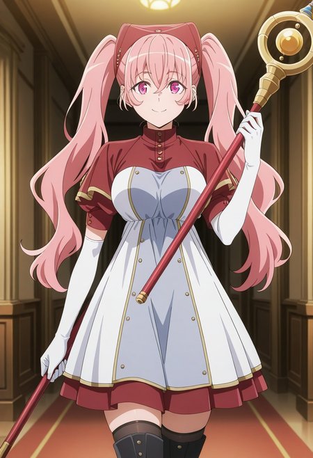 masterpiece,best quality,amazing quality,very aesthetic,absurdres,newest, [anime screencap], [anime coloring], [colorful], {source_anime}, <lora:spo_sdxl_10ep_4k-data_lora_webui:0.5>, <lora:add-detail-xl:1> 1girl, pink hair, gloves, twintails, thighhighs, long hair, cowboy shot, boots, white gloves, pink eyes, dress, black thighhighs, elbow gloves, looking at viewer, smile, d_heith velvet, indoor, magic staff, holding, holding staff, daynamic view,