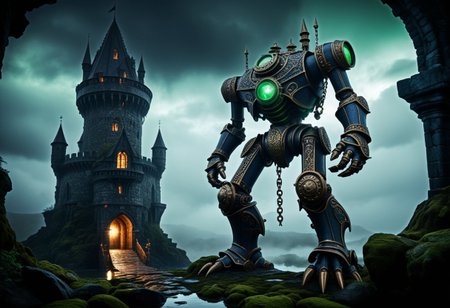 giant bipedal robot dirty dark blue and dark green, bronze paisley robot. lacy robot metal goggle head. outside of a steampunk keep. large detailed torso. dark image. one forty foot tall ancient robot with great arms and two heavy spring legs. dark foggy night background. $dark foggy night image only. dark photo realistic image. steampunk details. cogs, chains and pipes incorporated in the fantasy buildings. magic wizards tower in background. Dark swamp, moss, castle ruins, wizards tower. stormy dark night.  stormy sky.