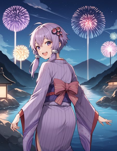 score_9, score_8_up, score_7_up, score_6_up, score_5_up, score_4_up, source_anime, rating_safe, BREAK<lora:yukariXL_LoRA-C3Lier_AdamW_Dim16_Alpha16_UN-3e-4_TE-1.5e-4_10batch_ponyDiffusionV6XL_v6StartWithThisOne:1>, yuzuki yukari, 1girl, short hair with long locks, purple hair, purple eyes, small breasts, hair ornament, purple yukata, kimono, japanese clothes,long sleeves,wide sleeves, looking back, happy, from behind,  fireworks, night, night sky, river, mountainous horizon, cloud