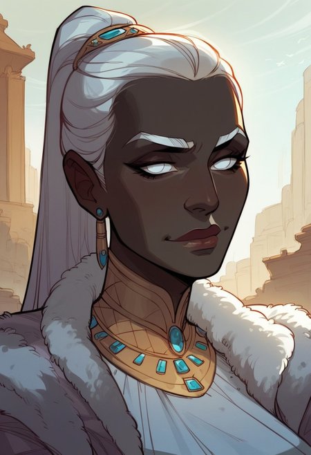 score_9, score_8_up, score_8, score_7_up, score_7, score_6_up, score_6, score_5_up, Score_5,human female, obsidian black skin, onyx black skin, round eyes, white eyes, small eyes, beautiful face, aesthetic face, narrow face, narrow nose, long nose, round ears, white eyebrows, long white hair, high ponytail, very tall, curvy, elegant, royal, aristocratic, majestic, chin up, seductive smile, slender. Silver jewelries. White jewelries. Blue jewelries. Lots of jewelries. White bracers, tight white dress,, vox machine style, 1girl, female focus, solo, portrait,   background of snow-covered landscape, fantasy, (dynamic lighting:1.1)
((masterpiece))