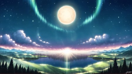 Under a full moon, ominous landscape, serene lake, vivid hues , aurora, moonlight,  swirling clouds, window, falling star streaks across the sky, dark magic, hidden power, dream scenery art,beautiful oil matte,romantic,masterpiece ,anime landscape,romantic,dreamlike digital,colorful,beautiful gorgeous digital art, <lora:hyperdetailer_v095:0.4>, ((((kimi no na wa., ))))  <lora:granblue_XL:0.6>