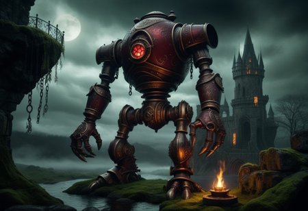 giant bipedal robot dirty dark red and dark green, bronze paisley robot. lacy robot metal kettle head. outside of a steampunk keep. large detailed torso. dark image. one forty foot tall ancient robot with great arms and two heavy spring legs. dark foggy night background. $dark foggy night image only. dark photo realistic image. steampunk details. cogs, chains and pipes incorporated in the fantasy buildings. magic wizards tower in background. Dark swamp, moss, castle ruins, wizards tower. stormy dark night.  stormy sky.