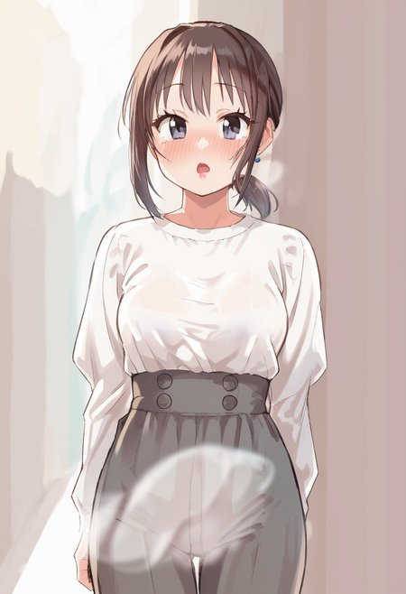 score_9, score_8_up, score_7_up,source_anime,(close up:1.3), front view,
 1girl,20yo, brown hair, gray eyes, (large breast:1.1), (ponytail:1.1), medium hair,(curvy:1.1),(light blue clohtes shirt:1.1),gray skirt,bangs, tsurime, jitome, blush,nose blush, dress, arms behind back,  open mouth, ,simple background,beautiful scenery, outdoors, , looking at viewer, earings, looking at viewer,,long  sleeve shirt, tyontyon, clothed, (pants:1.1) <lora:tyontyon-02:1.2>