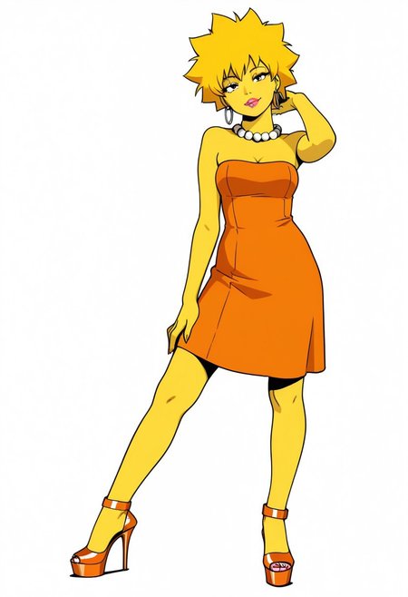 anime coloring, lineless, realistic cartoon,
flat colors, lisa simpson, yellow skin, pearl necklace, orange tube dress, strapless, earrings, lipstick, official art, orange footwear high stiletto heel, ankle straps shoes, tilt head,
Solo, pose, looking at viewer, white background, simple background, masterpiece, best quality, amazing quality, intricate ditails, , attractive exciting, seductive pose,  
Standing,she holds a white strig in her right hand