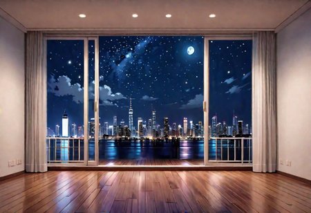 ((((front view)))), Shallow scene, ((animation style)), (((City high-rise building scenery))), ((((City scenery outside the window)))), ((sense of mystery)), (night), starry sky, moonlight, (weak light), (Facing the window), (open window), modern-style interior, Wooden floor, with white walls, (large windows), a living room, sofa and coffee table by the window sill,  (((Sofa placed horizontally))), (Behind the sofa is the window sill),
