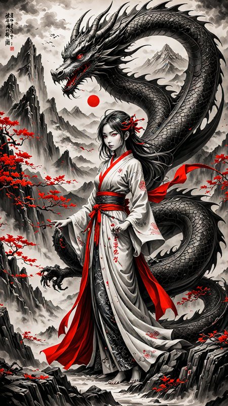 (ULTIMATE Japanese style, INK WASH). on parchment,  Black and White, dragon girl, mountains, (japanese Writing in Red), trending on ArtStation , intricate details, masterpiece, best quality, (Use Dream Diffusion Secret Prompt), (Epic), <lora:3D_Framed_Wall_Art_-_By_DICE:0.6>, (Framed Dragon), UHD