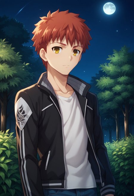 score_9, score_8_up, score_7_up, source_anime, highly detailed, 
shirouemiya, 1boy, male focus, solo, upper body, pants, jeans, jacket, denim, shirt,
tachi-e, looking at viewer, red hair, yellow eyes, white shirt, blue pants,
outdoor, trees, night, moon,