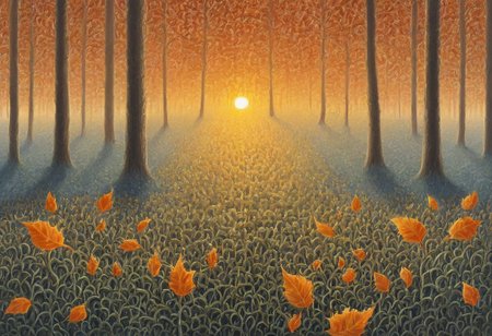 entangled,  forest, intricate vines, sunset,  flowers, autumn leafs orange peel, orange illumination