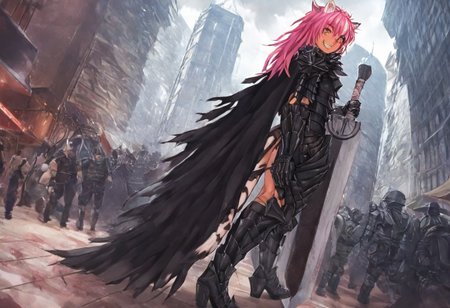 masterpiece, very aesthetic, anime screenshot, 1girl, Pink_PonyXL, DragonSlayerSword-Il.V1.0, black armor, shoulder armor, gauntlets, greaves, bandaged arm, black cape, torn cape, bright pink hair, cat ears, scar on nose, cat bell around neck, tanned, white tiger tail, small breasts, femine body, smiling, making a cute cat face, single fanged tooth showing, standing, looking at viewer, side view, wielding-dragonslayer, huge weapon, sword, holding sword, holding weapon, full body, zoomed in on pink_ponyxl, Dutch angle, cowboy shot 
Break
City square, bright and sunny, happy adoring crowd,