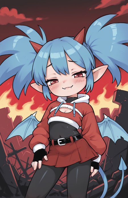1girl, solo, ruins, hell, cloud, red sky, dark sky, fiery sky, fire, cowboy shot, traditional media, hatching \(texture\), 
<lora:Nullantwins:0.8> zhuu, red eyes, blue hair, red horns, demon tail, blue tail, demon wings, blue wings, twintails, big hair, pointy ears,
red hoodie, cropped hoodie, long sleeves, black bodysuit, fur-trimmed hoodie, blue fur, black gloves, fingerless gloves, cleavage cutout, red skirt, midriff, black belt, belt buckle, blue drawstring,
contrapposto, light smile, blush, looking at viewer, smug, :3, fangs out,
 <lora:qtkat-20:1> qtkat, extremely detailed, highres, masterpiece, best quality