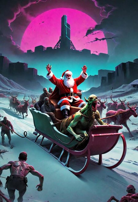 Pulp poster of Santa Claus riding his sleigh through a dystopian wasteland running over mutant zombies after a nuclear apocalypse trampling mutants and zombie, at night, masterpiece, grind house, dark vaporwave color palette