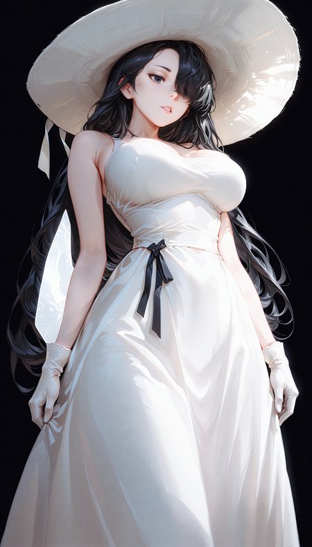 masterpiece, best quality, good quality, newest, highres, absurdres, 1girl, solo, long hair, breasts, looking at viewer, simple background, large breasts, black hair, gloves, dress, hat, bare shoulders, very long hair, parted lips, sleeveless, white gloves, white dress, mole, hair over one eye, black eyes, mole under eye, sleeveless dress, white headwear, looking down, from below, black background, mole under mouth, sun hat, sundress, tall female, Z3D, Rovina_Cai, <lora:illustriousXL_stabilizer_v1.23:0.3> <lora:NOOB_vp1_detailer_by_volnovik_v1:0.3> <lora:ponyv6_noobE11_2_adamW-000017:0.3> <lora:Rovina_Cai_-_MtG_Style_-_Zeds_Styles:0.6> <lora:solaXL_NBVP1_lokr_V6311P:0.7>