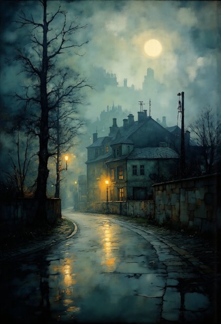 breathtaking impressionist painting This is a photograph capturing a misty, atmospheric street scene at night. The image is dominated by a narrow, winding road that curves gently to the right, disappearing into the fog. The road is wet, with a glistening texture suggesting recent rainfall. On the left side of the road, a tall, leafless tree stands bare against the dark, foggy sky. To the right, another tree, also leafless, is visible. The background features an old, dilapidated building with a pitched roof and multiple chimneys, partially obscured by the fog. The building's walls are rough and weathered, indicative of age. 
The streetlights on either side of the road emit a warm, yellowish-orange glow, contrasting sharply with the cool, muted tones of the fog and the dark, almost black, shadows. The lights cast long, soft shadows on the ground, enhancing the eerie, almost ghostly atmosphere. The overall color palette is dominated by greens, greys, and blacks, with occasional bursts of warm yellow from the streetlights. The image exudes a sense of solitude and melancholy, with a hint of mystery and the passage of time.
 <lora:Digital_painting:1> <lora:aidmaMJ6.1:1> <lora:detailed_v2_flux_ntc:1> . loose brushwork, vibrant color, light and shadow play, captures feeling over form . award-winning, professional, highly detailed