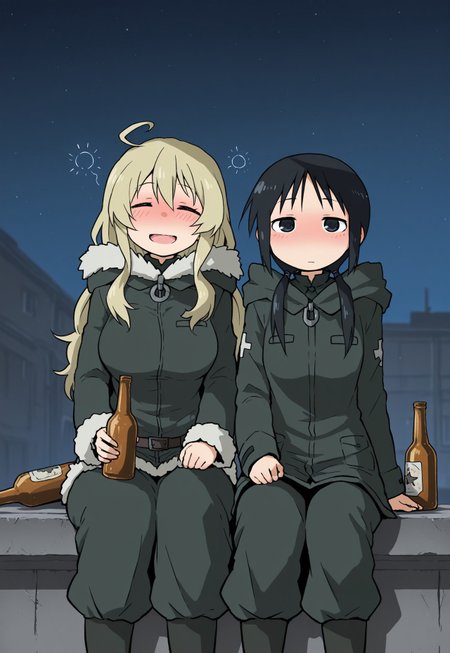 safe_pos, (Ahemaru:1.0), masterpiece, best quality, sitting, looking at viewer, 2girls, multiple girls, (chito, yuuri), (yuuri \(girls last tour\), blonde hair, black eyes, Yuuri_glt, yuu winter military uniform, (medium breasts:1.1), (chito \(girls last tour), black hair, Chito_glt, cht_winter_military_uniform, (beer bottle), happy, (drunk), blush, (industrial background), (on roof:1.2), (night:1.1), (stars:1.1)