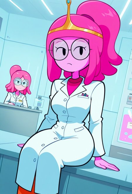 , beautiful shadows,cartoony style,high res, extremely detailed, beautiful lighting, beautiful shadows, beautiful background, laboratory, Bonnibel, labcoat, white scientist coat, glasses, ponytail, pink hair, pink skin, , straight hair, tiara,, sitting, beautiful clothes, dynamic angle, side angle