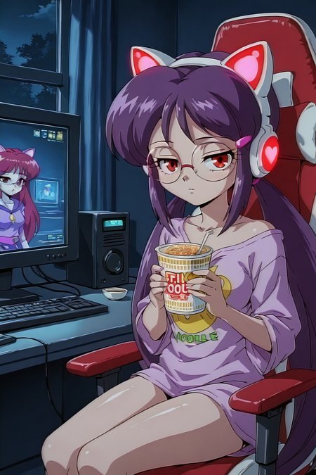 detailed background, shiny skin, posing,
<lora:etoran.il:1>,
etoran,
night, sitting, gaming chair, flickering monitor,
loose shirts, half-closed eyes, glowing headphone,
dark, dark atmosphere, shadow, 
looking at viewer, cup noodle,, purple very long hair, low pigtails,
red eyes, glasses, hairpin, cat headphones,  
medium breasts,