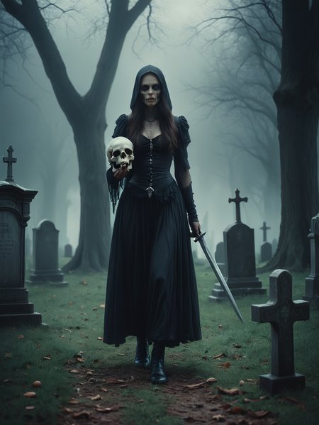 Epic fantasy. Atmospheric. Moody. Mistry.

A woman holding a skull in one hand and a dagger in the other. She stands in a cemetery, daring anyone to approach her.

<lora:Aeristhal01_CE_XL_200-OT:0.4> aersthlCE_style