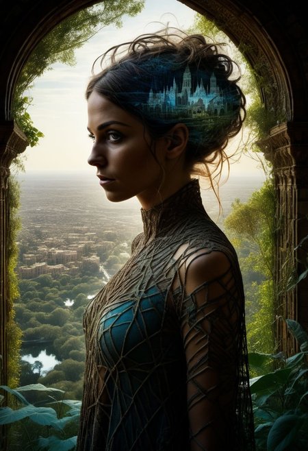 mysterious silhouette beautiful antique woman in a tunic, (hanging gardens of babylon), goddess, alluring, by Minjae Lee, Carne Griffiths, Emily Kell, Steve McCurry, Geoffroy Thoorens, Aaron Horkey, Jordan Grimmer, Greg Rutkowski, amazing depth, double exposure, surreal, geometric patterns, intricately detailed, bokeh,  perfect balanced, deep fine borders, artistic photorealism , smooth,  great masterwork by head of prompt engineering   <lora:add-detail-xl:2>  <lora:Double_Exposure:0.5> , very close-up,