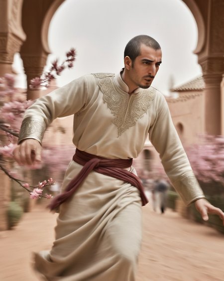 vintage_p_style of a Male Paladin, inside a Morocco, blossoms, Confused, Motion blur, Colorless, <lora:VintagePPXL:1>