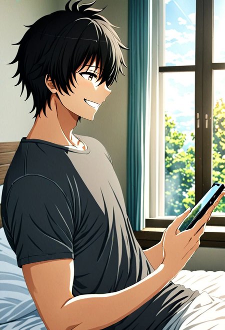 high resolution, solo, best quality, 1Boy, Seiya Kanie, black hair, short hair, holding smartphone, t-shirt, on the bed, sunny day, window, smile, side view, OverallDetail