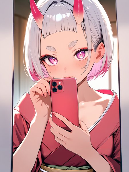 masterpiece, high score, great score, absurdres,vivid,clear skin,shiny hair,cute girl,cute face,kawaii,beautiful eyes,real skin,lips,
break,(oni girl,bangs,white hair:1.1),(short hair,bob cut,white forehead horns,short horns,pink hair tips,pink eyes:1), kimono,japanese clothes <lora:selfie_XL_V1.0:1> selfie, holding smartphone, reflection, mirror