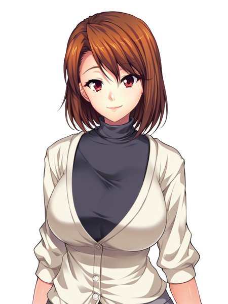score_9, score_8_up, score_7_up,  
1girl, ichinose natsumi, brown hair, medium hair, red eyes, large breasts,

black t-shirt, turtleneck, cardigan, grey skirt, 
looking at viewer, smile, closed mouth, 

standing, upper body, 
white background, solo,
