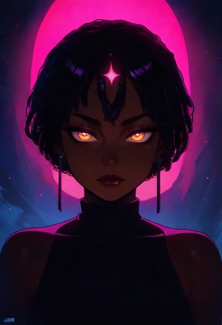masterpiece, best quality, amazing quality, very aesthetic, absurdres, newest, 1girl, dreadlocks, solo, dark skin, dark-skinned female, short hair, bangs, earrings, jewelry, looking at viewer, very dark skin, bare shoulders, black hair, upper body, glowing, BREAK flowing shadows across the neon-lit fractals.,
The figureas red lips stand out vividly, She tilts her head slightly upward, her expression enigmatic, as the interplay of shadows and neon light creates a mesmerizing depth. <lora:ponyv4_noob1_2_adamW-000017:0.7000000000000001> <lora:748cmSDXL:0.7>