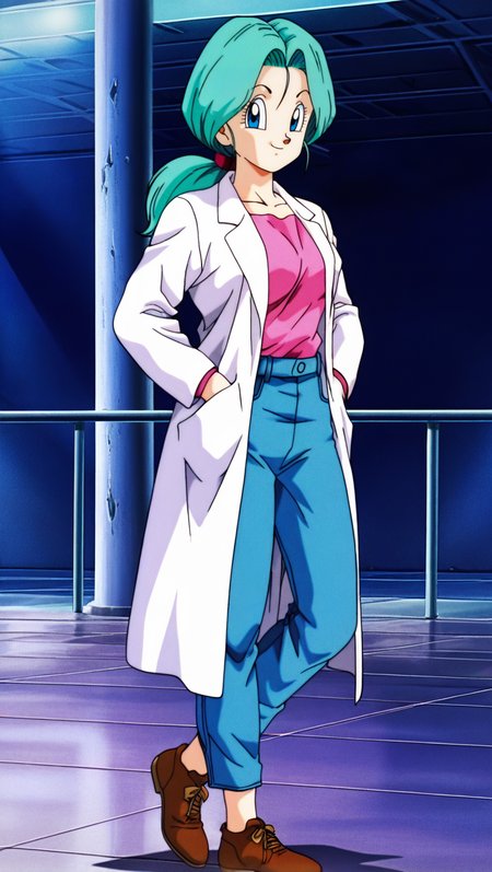 retro artstyle, soft lighting, source_anime, masterpiece, best quality, amazing quality, anime screencap, high quality, 8k, absurdres, official style, 1girl, solo, looking at viewer, standing, smile, <lora:Bulma_Late_Z_iL:0.8> , 8u1m4 Z late, blue eyes, aqua hair, future outfit, ponytail, labcoat, magenta shirt, jeans, denim, hands in pockets, shoes,