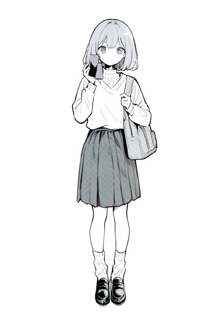 1girl, greyscale, monochrome, skirt, solo, bag, loafers, holding, shoes, socks, holding phone, plaid,
kzit,