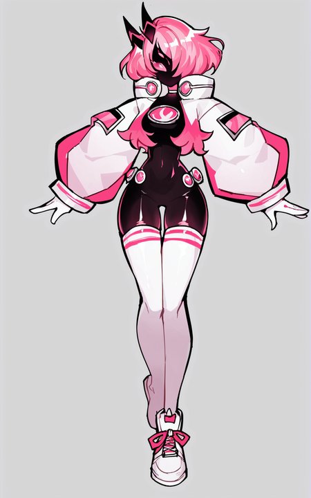 score_9, score_8_up, score_7_up,((best quality)), absurdres, ((full body)), <lora:BolivanteStyle:0.8>,  <lora:SpriCarPXL:0.8>,SpriCarPXL,black skin, pink hair, short hair,  thighhighs, white thighhighs, white jacket, jacket, hair over eyes, white background, pink eyes,armor,gloves, white gloves ,horns, cropped jacket,slim,thigh gap,sneakers, shiny skin