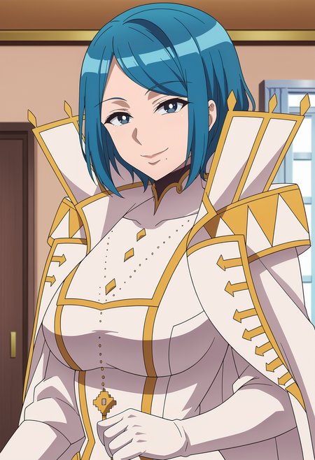 <lora:Medhimama-Tsuujou_Kougeki_ga_Zentai_Kougeki_de_Ni-kai_Kougeki_no_Okaasan_wa_Suki_desu_ka_r1:0.9>,Medhimama,mature female,1girl,solo,blue hair,short hair,blue eyes,mole under mouth,cape,white bodysuit,white gloves,looking at viewer, smile,indoors
